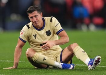 PAMPLONA, SPAIN - MAY 02: Robert Lewandowski of FC Barcelona reacts during the LaLiga EA Sports match between CA Osasuna and FC Barcelona at Estadio El Sadar on May 02, 2026 in Pamplona, Spain. (Photo by Juan Manuel Serrano Arce/Getty Images)