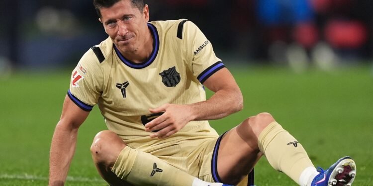 PAMPLONA, SPAIN - MAY 02: Robert Lewandowski of FC Barcelona reacts during the LaLiga EA Sports match between CA Osasuna and FC Barcelona at Estadio El Sadar on May 02, 2026 in Pamplona, Spain. (Photo by Juan Manuel Serrano Arce/Getty Images)